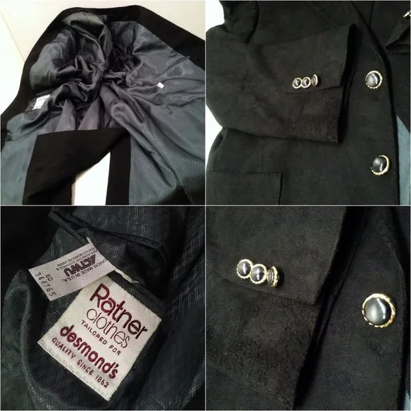 Vintage 80s Ratner USA-Made Tailored Suede Blazer Men-44 Sporty 2-Button Black